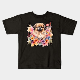 A pekingese decorated with beautiful watercolor flowers Kids T-Shirt